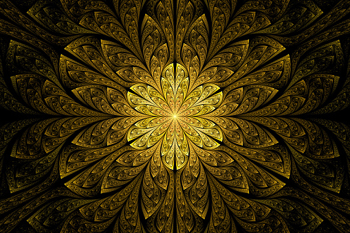 Computer generated abstract illustration Beautiful fractal Golden flower wall  pattern, Kaleidoscope design background, Abstract Concept Unique Mandala Kaleidoscopic creative inimitable graphic design