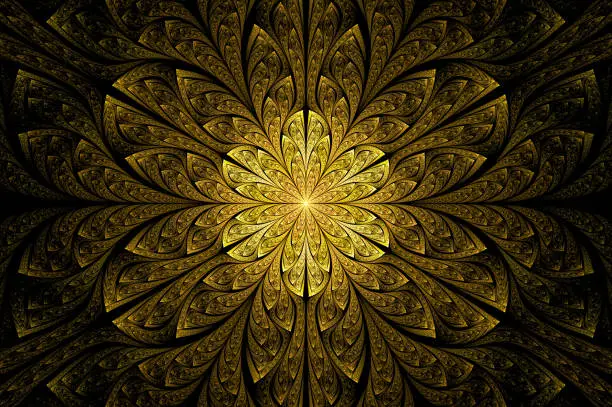 Photo of Computer generated abstract illustration Beautiful fractal Golden flower wall  pattern, Kaleidoscope design background, Abstract Concept Unique Mandala Kaleidoscopic creative inimitable graphic design