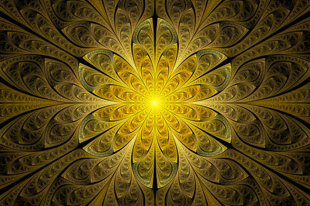 istock Computer generated abstract illustration Beautiful fractal Golden flower wall  pattern, Kaleidoscope design background, Abstract Concept Unique Mandala Kaleidoscopic creative inimitable graphic design 1345533355