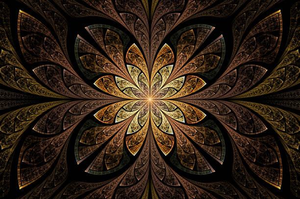 istock Computer generated abstract illustration Beautiful fractal Golden flower wall  pattern, Kaleidoscope design background, Abstract Concept Unique Mandala Kaleidoscopic creative inimitable graphic design 1345533511