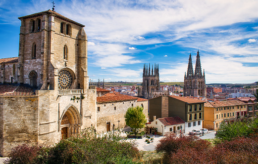 Church of San Esteban of Gothic style xiii century and cathedral of Burgos in the background, Spain