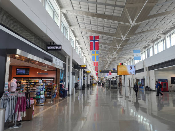 Empty Dulles International Airport Concourse stock photo