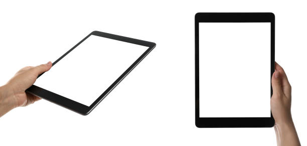 istock Woman holding tablet computer on white background, closeup. Banner design 1345536946