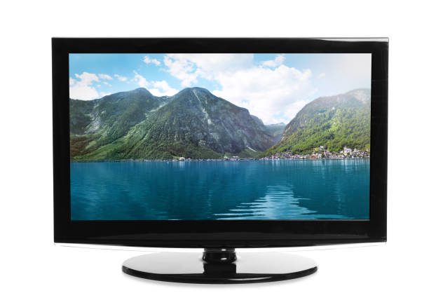 istock Modern plasma TV with landscape on screen against white background 1345537001