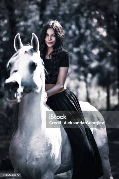 Cute Gypsy Female Riding Her White Horse On Ranch Stock Photo - Download Image Now - Romani People, Freedom, Women