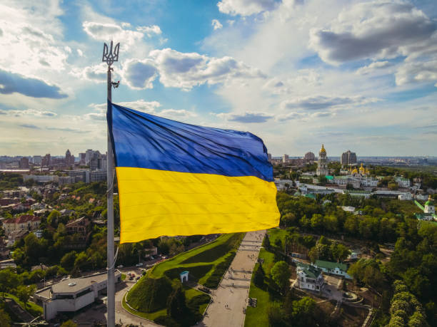 bandera del país. bandera del país de ucrania. vista aérea. - photography tower cityscape flag fotografías e imágenes de stock