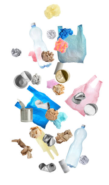 istock Set of different falling garbage on white background. Waste management and recycling 1345539162