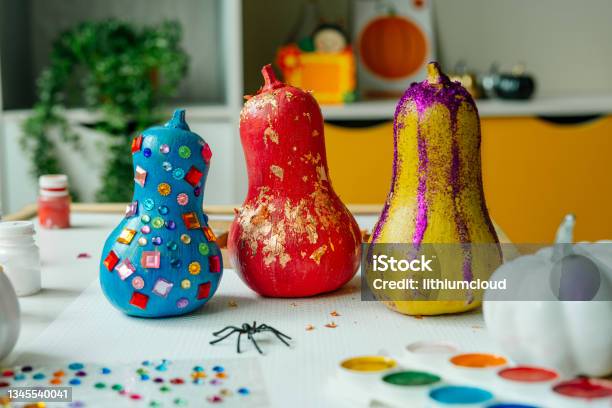 Decorating Pumpkins With Patal Foil Idea For Halloween Diy Art Class Stock Photo - Download Image Now
