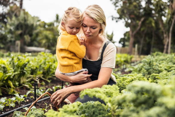 istock Mother carrying her daughter while gathering vegetables 1345541390