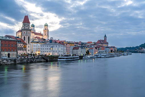 View of the old city of Passau from the Danube, Lower Bavaria, Germany. Also known as the DreiflÃ¼ssestadt (City of Three Rivers) where the Danube is joined by the Inn and the Ilz