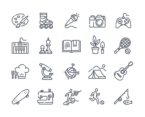 Hobby icon collection. Minimalistic stickers with guitar, book, microphone, brush and ball. Design elements for websites and social networks. Cartoon flat vector set isolated on white background