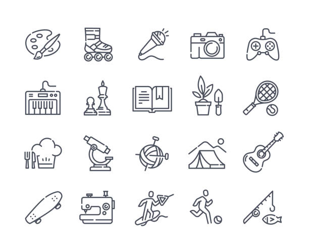 Hobby icon collection Hobby icon collection. Minimalistic stickers with guitar, book, microphone, brush and ball. Design elements for websites and social networks. Cartoon flat vector set isolated on white background recreation stock illustrations