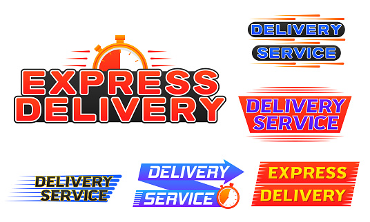 Delivery logo banner. Fast shipping with timer with inscription on white background. Express delivery icon for apps and website. Quick shipping icon with stopwatch. Vector illustration, eps 10.