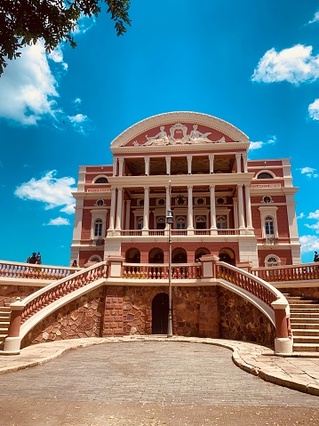 Opera house Teatro Amazonas in Manaus, Amazon. View from outside under blue sky. Photo taken in August 2021