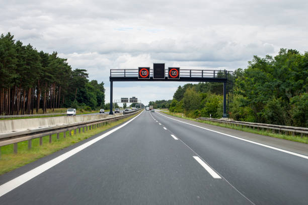 istock Speed limit and information sign on German highway 1345546887