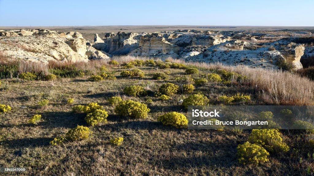 Mix of Tallgrass and Shortgrass Prairie at Little Jerusalem Badlands Black Canyon of the Gunnison from Exclamation Point Kansas Stock Photo