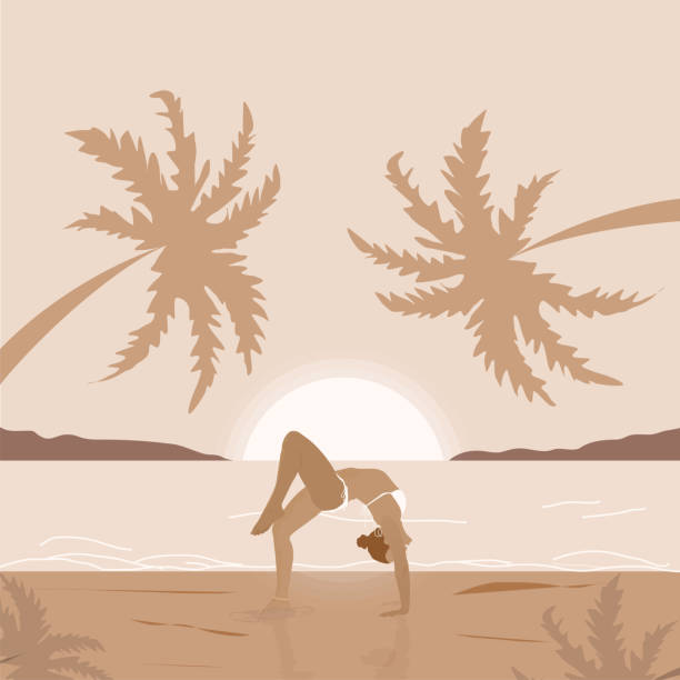 ilustrações de stock, clip art, desenhos animados e ícones de woman doing yoga on the beach. - stretch beach