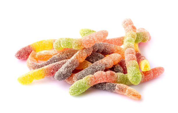 istock Colorful jelly worms candies isolated on white background 1345552471