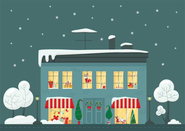 istock Urban Christmas house, city downtown with winter view. 1345554543