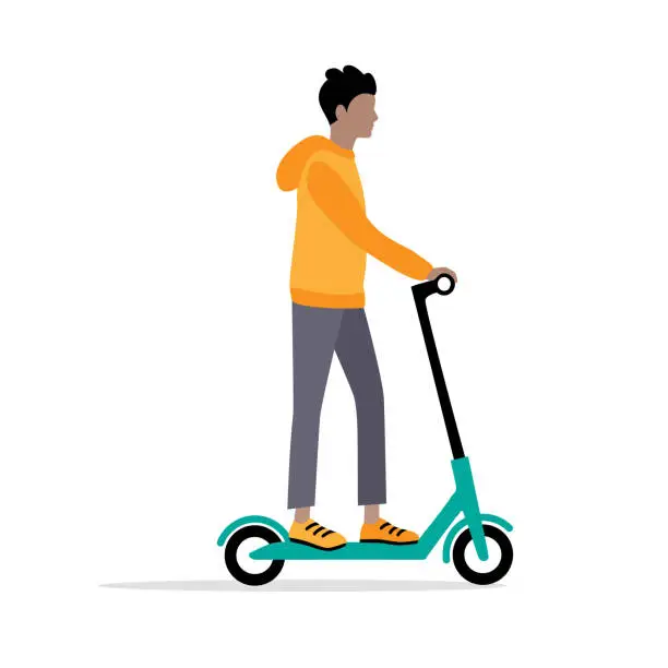 Vector illustration of Young man riding electric scooter. Ecological transport.