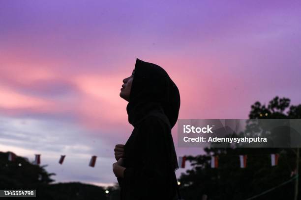 Asian Hijab Women Standing Enjoying At A City Park Stock Photo - Download Image Now - Islam, Hijab, In Silhouette