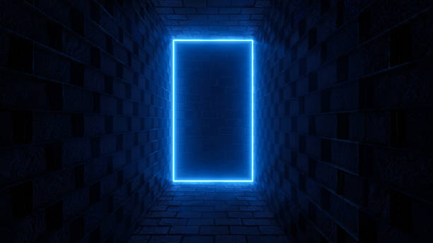 istock Futuristic Blue Neon Door Dark Background - 3D Illustration 1345555431