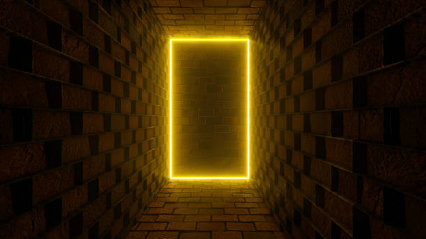 Futuristic Yellow Neon Door Dark Background - 3D Illustration