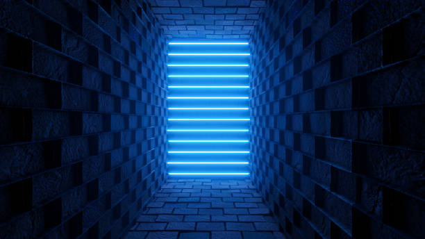 istock Futuristic Blue Neon Door Dark Background - 3D Illustration 1345555436