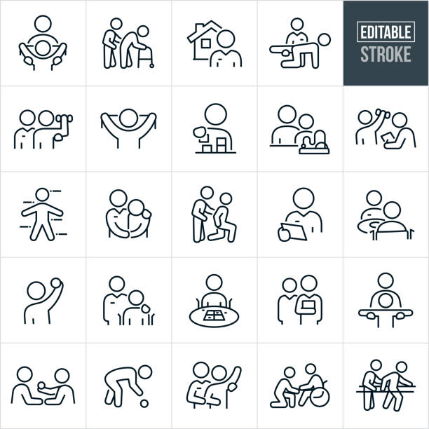 Occupational Therapy Thin Line Icons - Editable Stroke A set of occupational therapy icons that include editable strokes or outlines using the EPS vector file. The icons include occupational therapists working with patients, occupational therapist working with client using a resistance band to build strength, occupational therapist helping a senior to walk, home occupational therapy services, occupational therapist helping a patient build strength by lifting a dumbbell, child using occupational therapy to stack blocks, child working on cognitive skills by working with a occupational therapist, occupational therapist with pen and paper doing an evaluation of patient, therapist with arm around shoulder of patient, occupational therapist helping patient stand and walk, disabled person in wheelchair working with occupational therapist, patient doing occupational therapy by lifting a ball, person in wheelchair doing occupational therapy and an occupational therapist working with a patient to relearn to walk again to name a few. walking aide stock illustrations