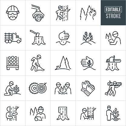 A set of forestry icons that include editable strokes or outlines using the EPS vector file. The icons include a forester wearing a hardhat, machine logging, lumberjack in tree, forest fire, forest management, logging truck, stump with ax, hand planing tree seeds, pine tree saplings, forester with pen and paper doing a study or report while in the forest, forester wearing a hardhat preparing forest floor with tools, deforestation, hand protecting a young pine tree sapling, chainsaw on tree stump, person planting a tree, sawmill, work gloves, tree hugger, forester doing studies on tree using a tape measure and other related icons.