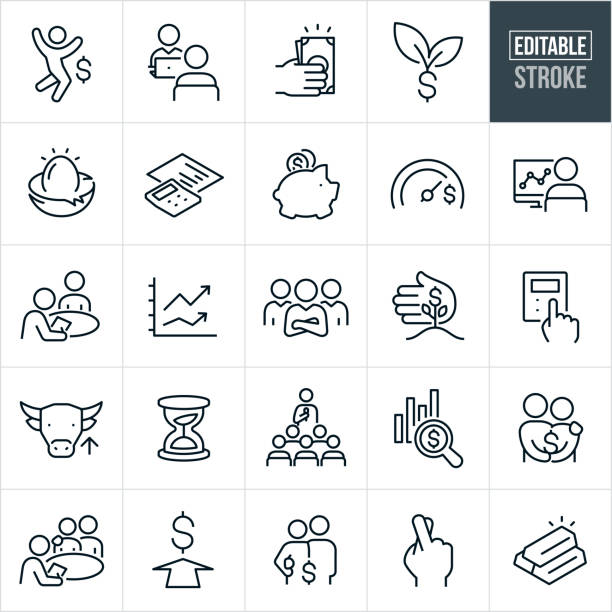 Financial Planning Thin Line Icons - Editable Stroke A set of financial planning icons that include editable strokes or outlines using the EPS vector file. The icons include financial planners working with clients on investment strategies, an investor jumping for joy over investment earnings, a financial planner seated at computer while speaking with a client, hand holding cash, dollar sign sprouting leaves, financial nest egg, calculator with investment chart, piggy bank with coins, financial goal meter, investor at computer checking investments, a team of financial advisors, hand protecting a plant with a dollar sign, calculator, bull market, hourglass, financial advisor speaking a group of people about financial strategies, couple holding a dollar sign, financial planner meeting with a couple, hand with fingers crossed and a stack of gold. retirement planning advisor stock illustrations
