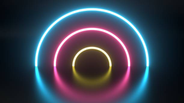 istock Round Pink Blue And Yellow Neon Lights Background - 3D Illustration 1345555846