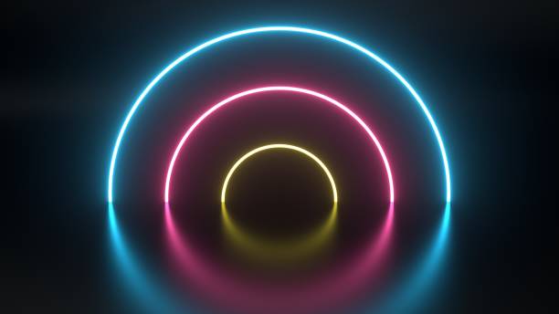 istock Round Pink Blue And Yellow Neon Lights Background - 3D Illustration 1345555848