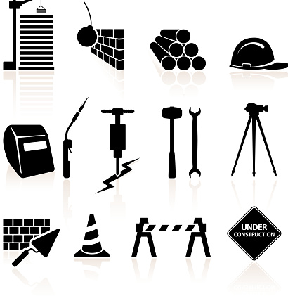 Construction black and white icon set 