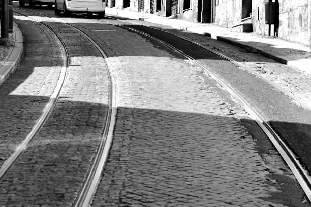 istock Tram rails in black and white 1345556773