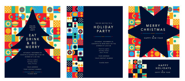 Happy Holidays party Invitation card set flat design templates with geometric shapes and simple icons Vector illustration of a set of four Happy Holidays Christmas party Invitation greeting card designs with geometric simplicity and bright colors on dark blue background. Includes placement text. Fully editable and easy to customize. Download includes eps 10 and high resolution jpg. simple celebrate background stock illustrations