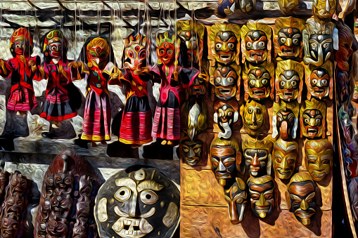Masks and puppets representing Hindu gods in Nepal