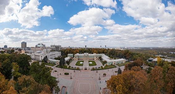 Kyiv, Ukraine - October 6, 2021: Mariinskyi Palace - the official ceremonial residence of the President of Ukraine in Kyiv. View from drone