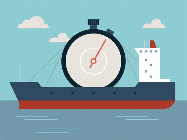 Vector illustration of Illustration of Container Ship Carrying Giant Stopwatch