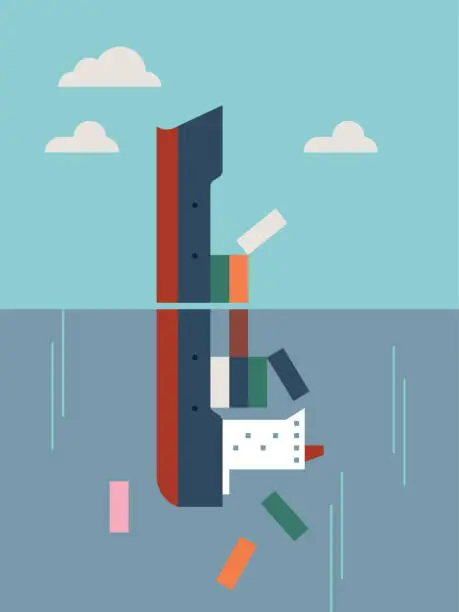 Vector illustration of Illustration of Sinking Container Ship With Lost Cargo