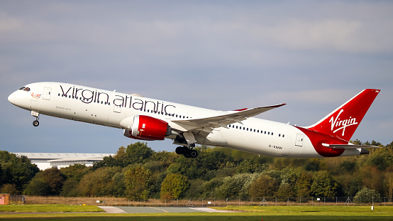Manchester, United Kingdom - 10 October, 2021: Virgin Atlantic Boeing 787-9 Dreamliner (G-VAHH 'Dream Girl') departing from Manchester Airport.