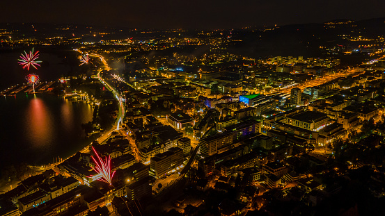 Aerial view on Swiss National day firework at the evening