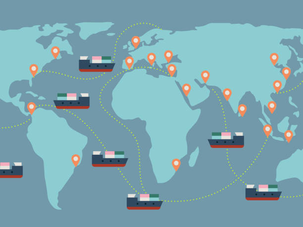 ilustracja tras żeglugowych ładunków i głównych portów na mapie świata - big country stock illustrations
