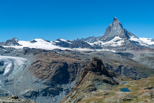 Bernina range, alpine Landscape in Muottas Muragl, Engadine Valley, Graubunden, Swiss Alps above St Moritz, Switzerland