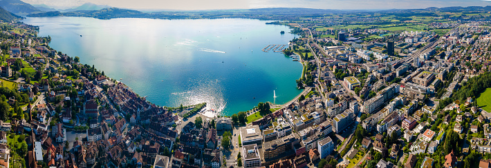 Bird view on beautiful Swiss city beside gorgeous lake of Zug