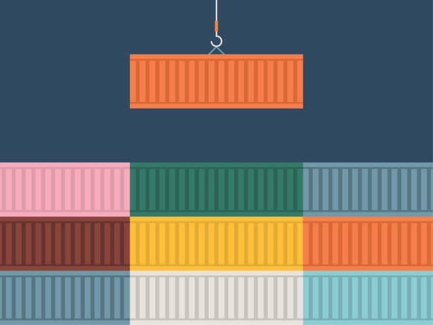 ilustraciones, imágenes clip art, dibujos animados e iconos de stock de ilustración de coloridos contenedores de carga que se apilan en el astillero - cargo container illustrations