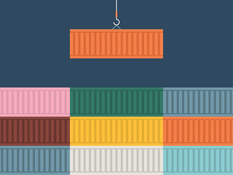 Illustration of Colorful Cargo Containers Being Stacked at Shipyard