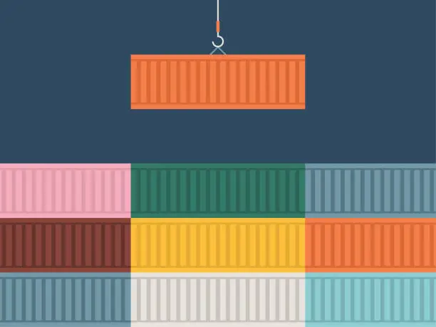 Vector illustration of Illustration of Colorful Cargo Containers Being Stacked at Shipyard
