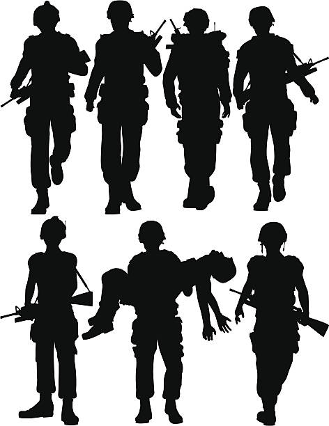 Soldiers Set of editable vector silhouettes of walking soldiers infantry stock illustrations