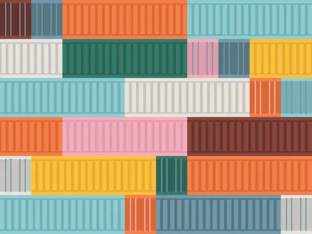 Vector illustration of Illustration of Colorful Cargo Containers Stacked at Shipyard—Full-Frame Background Pattern